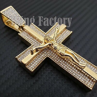 #ad Iced Hip Hop Gold Plated Alloy Large Holy Jesus Cross Cubic Zirconia Pendant $16.50