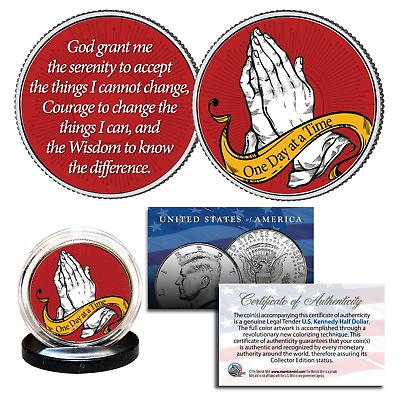 #ad PRAYING HANDS Serenity Pray One Day at a Time 2 Sided JFK Half Dollar Holy Coin $8.95