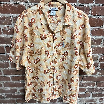 #ad Columbia Mens Floral 2XL Hawaiian Button Up SS Shirt Orange Linen Blend T29 $19.99