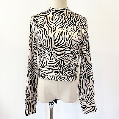 #ad Rachel Zoe NEW Animal Print Zebra Beige Black Satin Top Long Sleeves Small $27.99