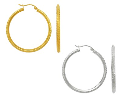 #ad Textured Hoop Earrings 14K Yellow White Real Gold 2.5mm Thin Tube Hoops Women $288.80