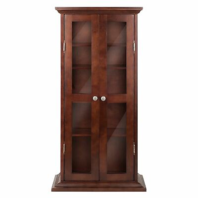 #ad Walnut Finish Wooden Media Cabinet 5 Shelf CD DVD Storage Tower Glass Door Stand $206.90