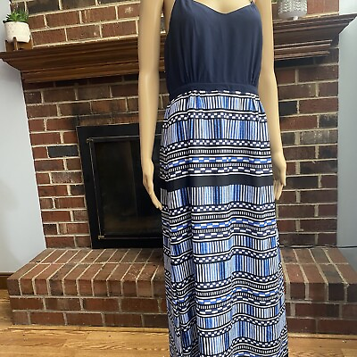 #ad J.Crew Women’s Maxi Dress with Printed Skirt Size 10 Navy Blue Sundress $22.99