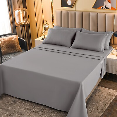 Luxury 6PC 4PC Bed Sheet Set Fitted Sheet Pillowcase Bed Skirt Comforter Gray $17.99