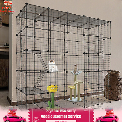 #ad Large Cat Cage Enclosure Wire 5 Tier Kennel DIY Playpen Catio W Stairs Black $129.66