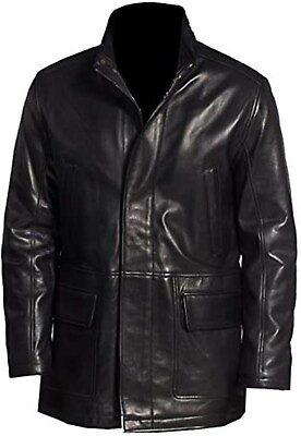 #ad Men#x27;s Black Trench Winter Coat Real Sheepskin Leather Jacket $127.99