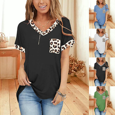 #ad Womens Leopard V Neck T Shirt Tee Ladies Casual Loose Blouse Tunic Tops Pullover $16.59
