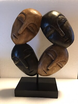 #ad Four wooden carved faces on stand Wood Carvings Home Decor 11.5 in Tall $36.21