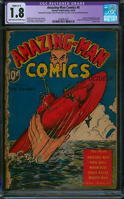#ad Amazing Man Comics #6 1939 ⭐ CGC 1.8 Restored ⭐ Bill Everett 1st Shark Centaur $1195.00