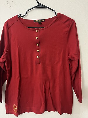 #ad LRL Lauren Ralph Red Shirt Henley Top Women 3 4 Sleeve Front Gold Button XL Soli $12.75