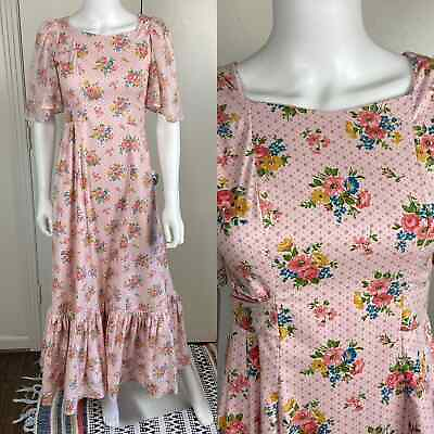 #ad Vintage 70s Handmade Pink Floral Maxi Prairie Dress XSmall Romantic Cottagecore $40.00