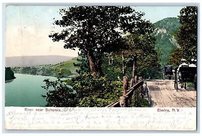 #ad 1907 River Near Bohemia Horse Carriage Bicycle Elmira New York Vintage Postcard $14.98