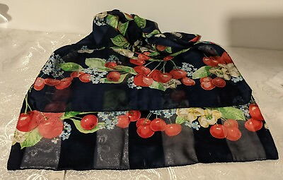 #ad Italian Scarf Wrap Red Cherries Blue Background 60quot;x15quot; Summer Beach Convertible $15.50