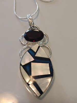 #ad #ad Mother Of Pearl Sterling Silver And Garnet Simulant Pendant With 24quot; 925 Chain $35.00