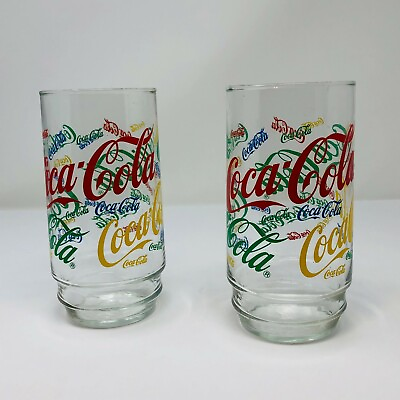 #ad Set of 2 Coca Cola Drinking Glasses Multi Colored Logo Writing 5 3 4quot; Tall $14.00