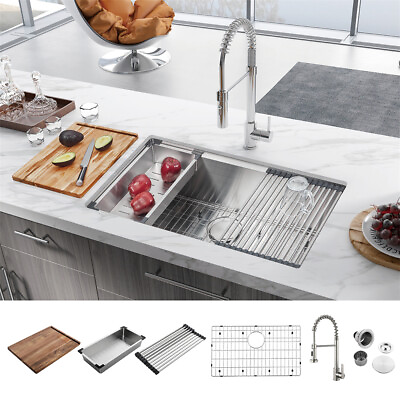 #ad 32in Undermount Handmade Home Stainless Steel Single Bowl Kitchen Sink w Faucet $289.00