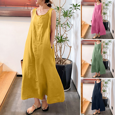 #ad Women#x27;s Dress with Cotton and Linen Loose Pockets Round Neck Sleeveless Dress $24.54