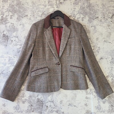 #ad Womens Country Herringbone Blazer UK 14 Brown Corduroy Wool Blend Jacket Famp;F GBP 19.95