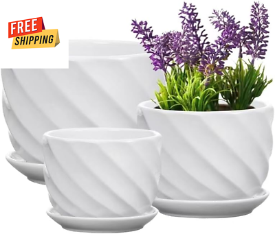 #ad Set of 3 Ceramic Plant Pots with Saucers Small to Medium Sized Modern Round $28.84