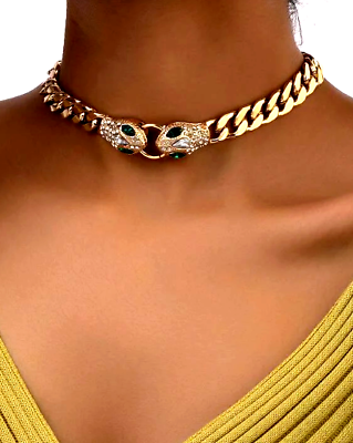 #ad Snake Necklace Choker Women Animal Jewelry Green Crystal Eyes Party Goth Gold $15.95