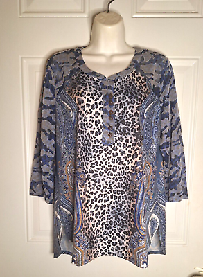 #ad One World Blue Multi print Tunic Top Blouse 3 4 Sleeve 1 4 Button Down Size Med $17.99