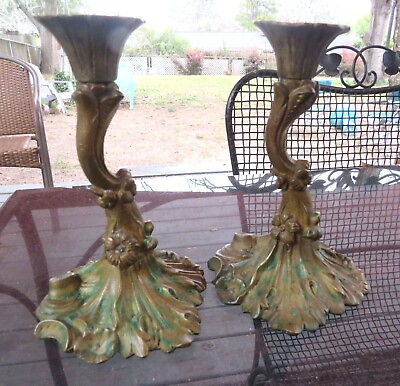 #ad GORGEOUS PAIR OF FRENCH Bronze Candle HOLDERS ORNATE FOWERS AROUND THE AND BASE $209.30