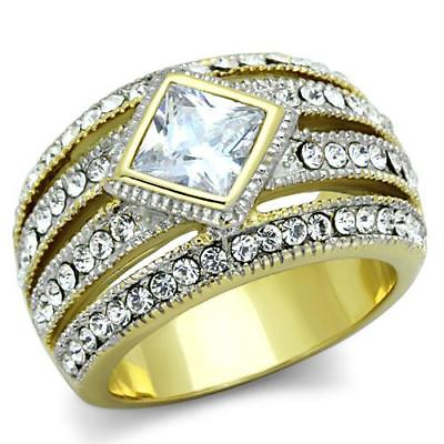#ad Ladies gold ring dome princess bezel 18kt steel no tarnish cz sparkling 1551 GBP 22.99