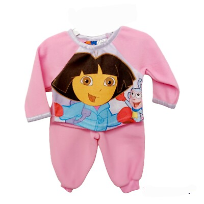 #ad Dora The Explorer Girls Pink Fleece Pajama Set 12M $7.99
