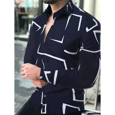 #ad Geometric Print Men#x27;s Fashion Turn down Collar Shirt Casual Long Sleeve $25.99