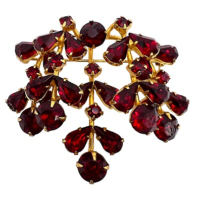 #ad Vtg Gold Tone Red Faceted Glass Prong Set Rhinestone Drop Branch Cluster Brooch $39.46