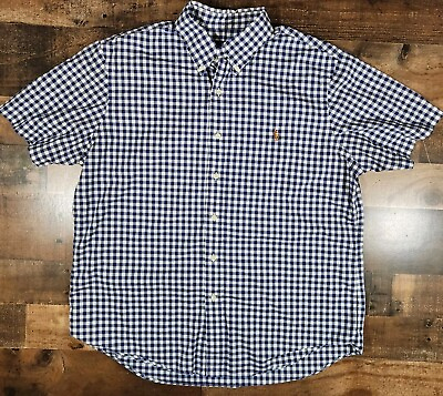 #ad Polo Ralph Lauren Shirt Blue Check Large Plaid Brown Pony Short Sleeve Button Up $19.95