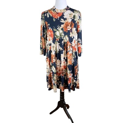 #ad Boho Blue Navy And Orange 3 5 Length Sleeves Floral Dress Size M $17.00