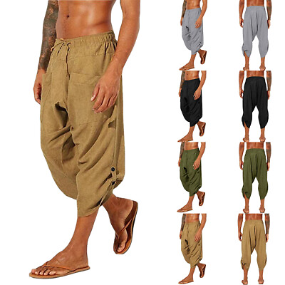 #ad Mens Cotton Linen 3 4 Length Pants Casual Baggy Loose Yoga Beach Harem Trousers $19.59