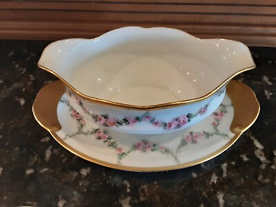 #ad Thomas of Bavaria Antique 1910 1930s sauce boat plate lots of gold trim rose $29.50