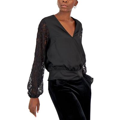 #ad INC Womens Black Lace Sleeves Surplice Top Blouse Shirt M BHFO 9506 $14.99