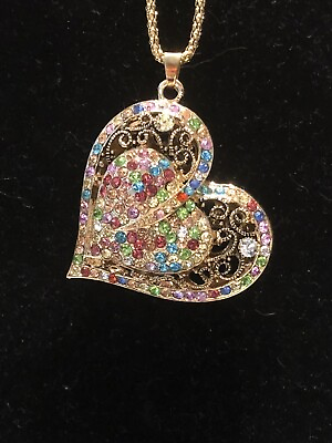 #ad Betsey Johnson Necklace HEART Multi Color Crystal Heart Gift Box Organza Bag $21.95