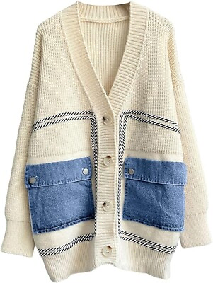 #ad Women#x27;s Spliced Denim Pockets Knit Cardigan Button Down Slouchy Stripe Sweater $32.99
