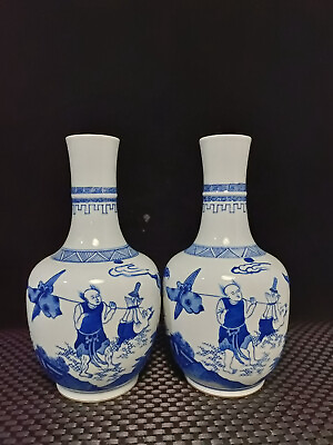 #ad A Pair Chinese Blueamp;white Porcelain HandPainted Exquisite Figure Vases 15657 $399.99
