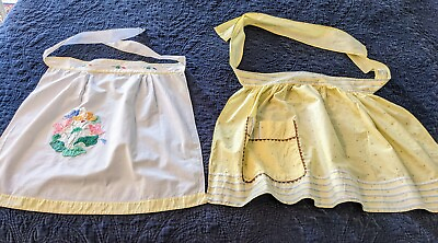 #ad VTG Half Aprons Set Of Two White Floral Yellow Cottagecore Spring Fabric $11.99