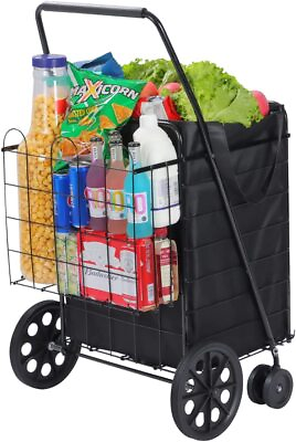 #ad Folding Grocery Basket Cart Shopping Wheels Large Metal Utility Laundry $49.99