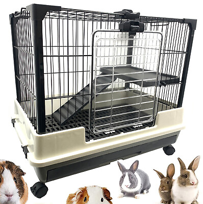 #ad 2 Tiers Indoor Guinea Pig Rabbit Bunny Ferret Kitten Rolling Cage Hutch House $49.71
