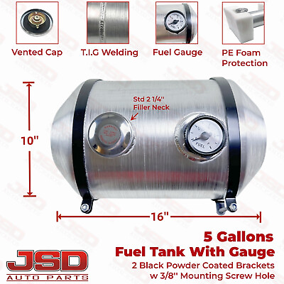 #ad Universal Fuel Gas Tank With Gauge 5 Gallon 10x16 End Fill 3 8 NPT Aluminum Spun $168.35