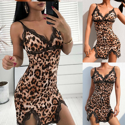 #ad Womens Leopard Lingerie Lace Nightdress Sexy Babydoll Nightwear Sleepwear Gown $12.89