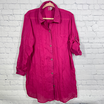 #ad Mynah Coverup Dress Womens XL Pink Button Roll Tab Sleeve Tunic Textured Gauze $24.99