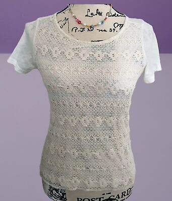 #ad Women#x27;s White Short Sleeve T Shirt Lace Detail Excellent Condition Size Small $9.99