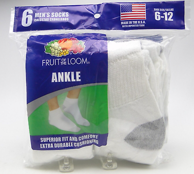 #ad 6pr Mens White Cushion Sole Ankle Socks 6 12 Fruit of the Loom $11.99