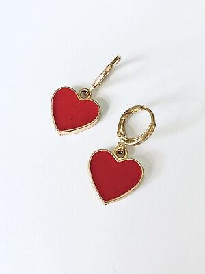 #ad VTG Gold Tone Red Enamel Heart Shape Small Hoop Earrings Fashion Jewelry $15.09