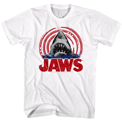 #ad Jaws Shark Bite Vintage Spiral Target Men#x27;s T Shirt Great White Attack Teeth Top $22.50