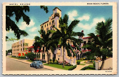 #ad c1940 Miami Beach Florida Hotel Helene 15th Street Deckeled Linen Postcard A29 $7.86