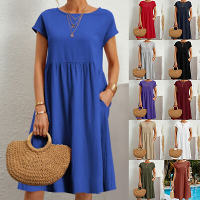 #ad Women Cotton Linen Short Sleeve Solid Sundress Ladies Summer Casual Midi Dresses $20.19